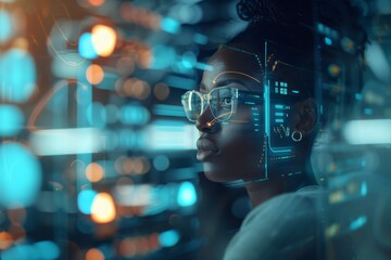 System engineering. ICT. Black woman working in an office and a futuristic graphical user interface. ICT (Information Communication Technology).