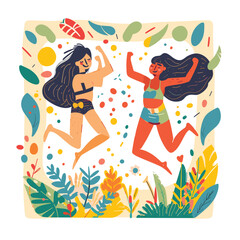 Two women dancing joyfully among vibrant tropical foliage floating colorful shapes. Both females exhibit happiness energy, one blue top black, their long hair flowing. Festive atmosphere abstract