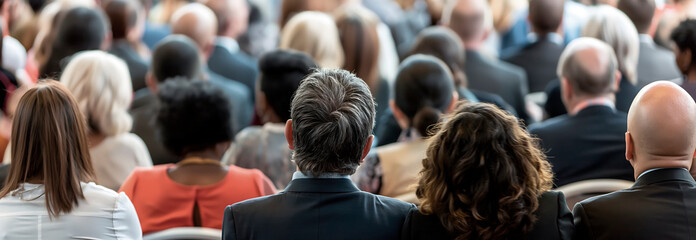 Employees participating in a corporate training seminar in a workshop auditorium. Great for HR training programs, professional development courses, corporate newsletters,view from back