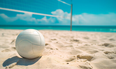 Sandy beach volleyball court with ball, net,and clear blue sky. Ideal for travel agency marketing, vacation planning websites, and sports event announcements, includes spacious copy space for messages