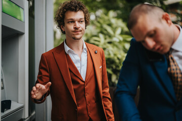 Two business men in suits struggling with an ATM withdrawal issue, one making a phone call for assistance, expressing concern.