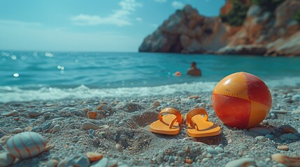 Obraz premium Beach Landscape with Beach Ball, ocean background. Summer travel and holidays
