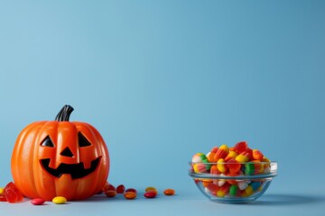 An AI-generated smiley Halloween pumpkin and candies.