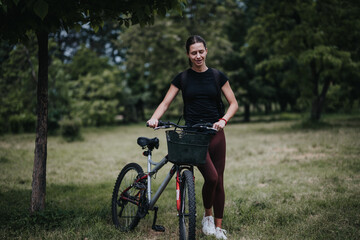 A young woman in athletic wear is standing beside her bicycle in a verdant park, appearing...