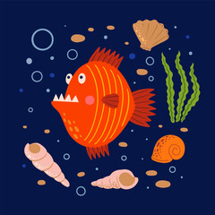 Funny red fish with sharp teeth swims in the sea. Exotic predatory fish among algae and shells. Humorous inhabitant of the ocean or aquarium. Children's vector illustration of the seabed.