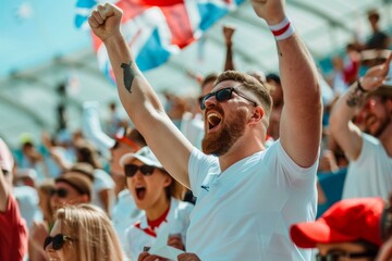 English football fans cheering at a match