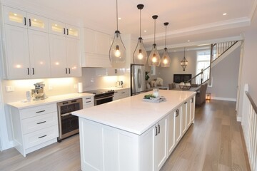 Fototapeta premium Elegant kitchen with a traditional touch, featuring white cabinetry, a large kitchen island, and industrial-style pendant lights