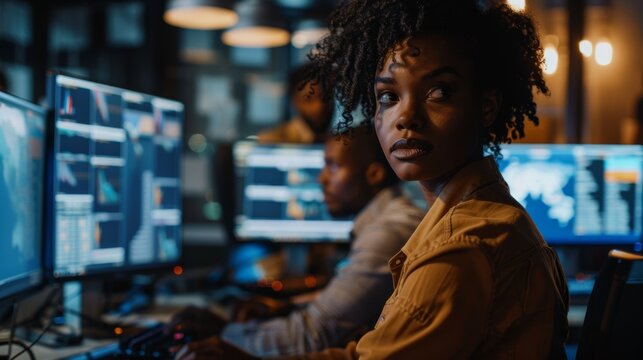 The office has multiple screens showing 3D visualizations. A female computer engineer works on a neural network/artificial intelligence project with her multi-ethnic team.