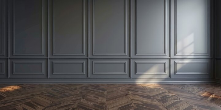 Elegant grey wall panels with chevron wooden floor in a classic interior setting