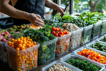 Obraz premium A person preparing a meal plan with fresh ingredients, ensuring dietary discipline. Concept of meal prepping. Generative Ai.