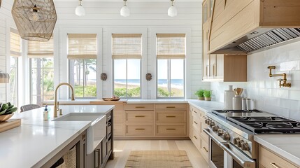Bright and airy beachfront kitchen with modern appliances and a view of the ocean through large windows 
