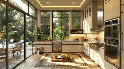 Modern kitchen interior with large windows overlooking a lush garden illuminated by warm sunlight.
