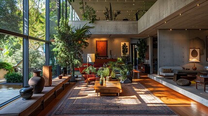 A modern and stylish living room brimming with lush indoor plants, natural light, and contemporary furniture, creating a tranquil urban oasis.