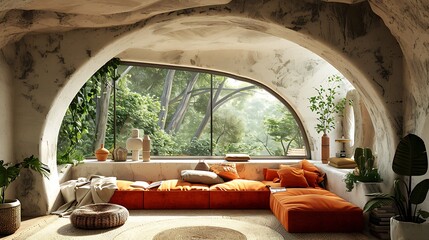 Fototapeta premium A modern and cozy cave-style living room with an arched window overlooking a lush forest, blending interior design with natural surroundings. 