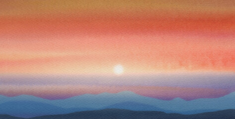 A breathtaking painting capturing the vibrant hues of a sunset against a backdrop of towering mountains, with warm colors blending seamlessly on watercolor paper.