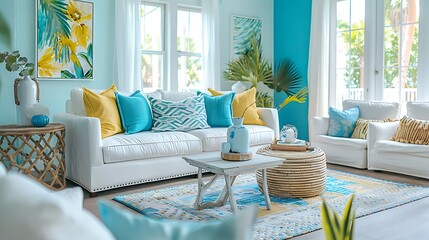 Bright and airy living room with turquoise and yellow accents, inviting modern coastal decor, and sunlight streaming through windows. 