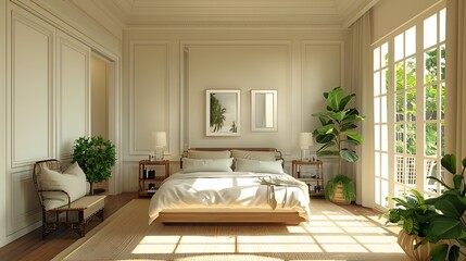Fototapeta premium Elegant bedroom interior design with natural light and green plants accentuating the serene and luxurious atmosphere.