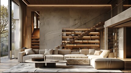 Modern luxury living room interior with elegant furniture and large windows overlooking a natural view, featuring a warm color scheme and contemporary design. 