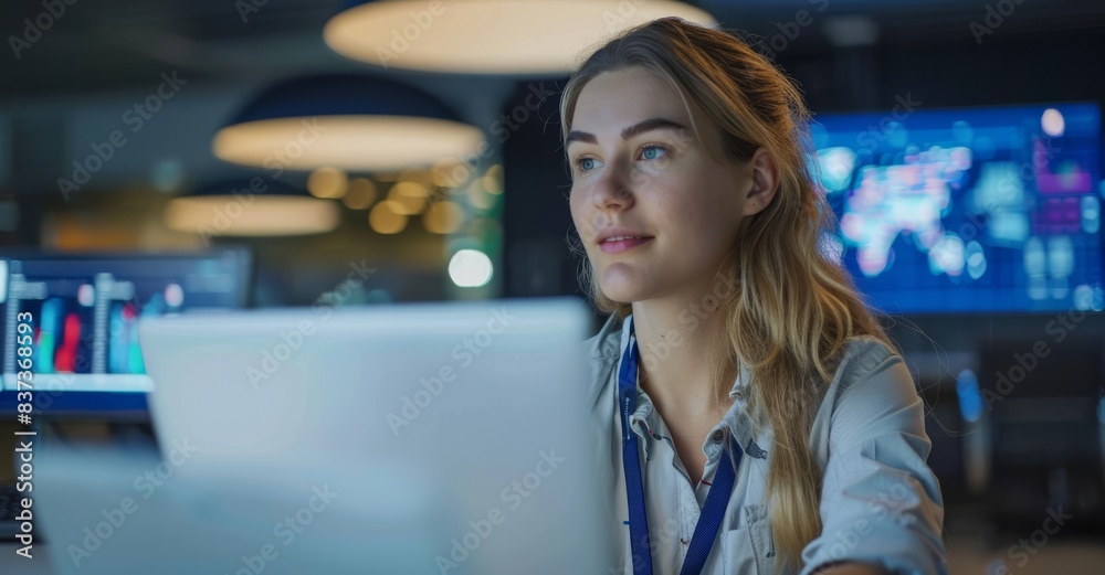 Poster an ethnically diverse qa engineer using a laptop in a room with a big green screen mock up display, 