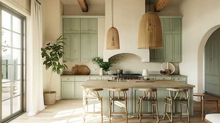 Elegant and spacious kitchen interior with sage green cabinetry, wood accents, and modern appliances bathed in natural light‚ perfect for a home design concept. 