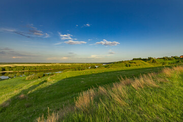 A tranquil river gracefully winds its way through a lush green field filled with spring blooms and vibrant vegetation.