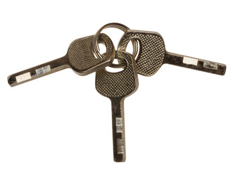 Bunch of three metal keys on isolated background