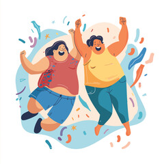 Two joyful cartoon characters dancing happily. Both curvy, one wears red sleeveless top blue shorts, yellow shirt teal pants. Abstract shapes confetti suggest festive mood