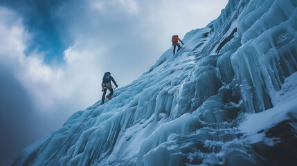 Two climbers scaled an icy mountain peak using ropes and climbing equipment, navigating difficult, icy terrain under cloudy skies.