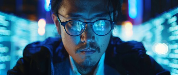 A man using a computer with an AI chatbot in a futuristic computer cybersecurity code demonstration, a coder typing code for cybercrime hacking, and digital technology in the online world.