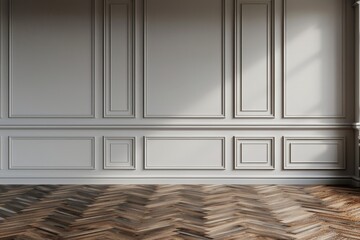 Classic grey wall panels and light wood flooring in a bright room