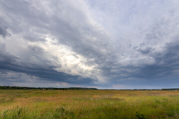 Obraz premium A wide, grassy meadow stretches out under a partly cloudy sky. The clouds are thick and grey, hinting at an impending rain shower, but a sliver of blue sky shines through