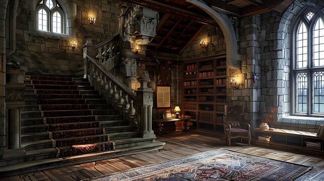 A grand and atmospheric medieval castle library with a spiraling staircase and sunlight filtering through large windows, exuding a sense of historical elegance and intellectual charm. 