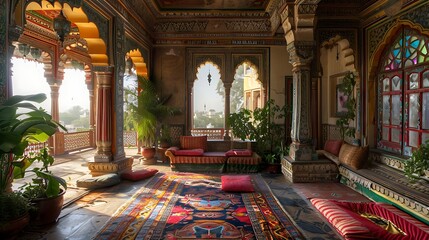 Obraz premium Traditional Indian lounge area with colorful pillows and intricate wall art designs overlooking a blurred architectural structure in the background, priced at 