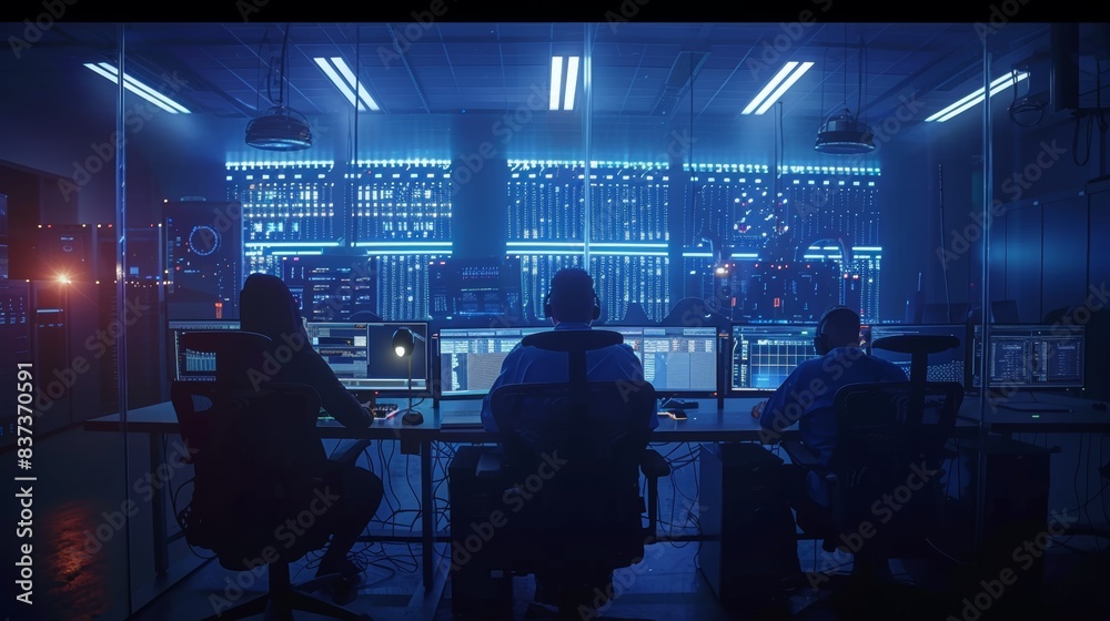 Poster in the data center control room, a team of it programmers is working on desktop computers. young pro