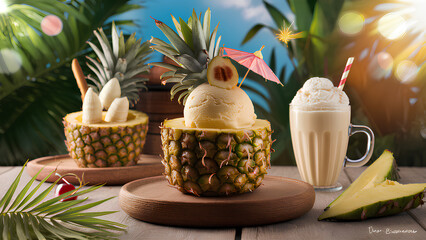 pineapple ice cream scope, tropical cocktail, beach, poster
