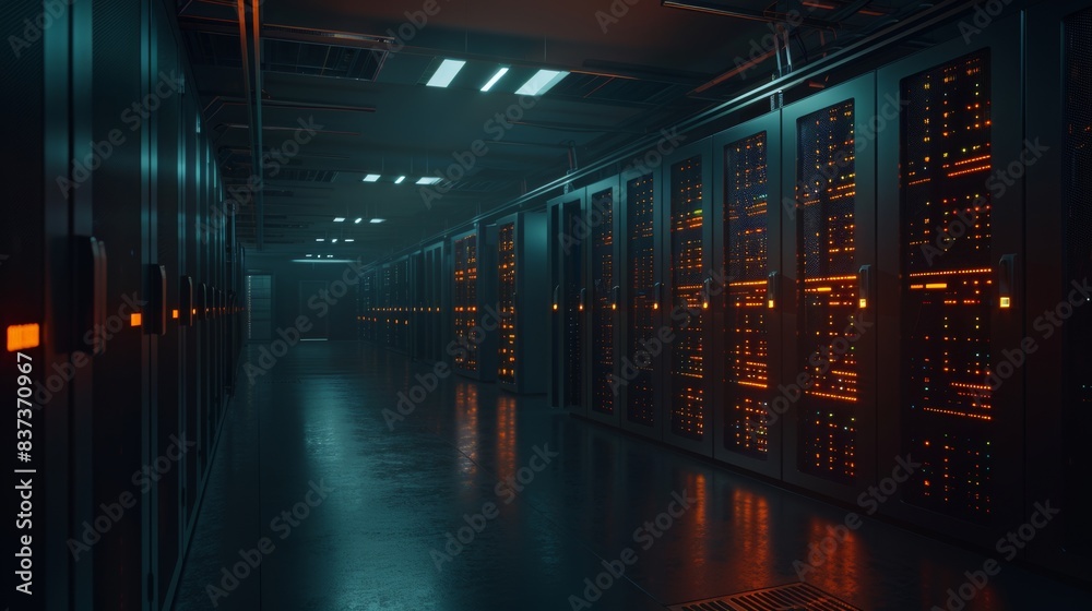 Poster an image of a dark data center with rows of fully operational server racks. displays of modern telec