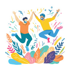 Two men joyfully jumping surrounded colorful leaves doodle elements. Celebratory mood, friends, happiness expression, colorful illustration. Men casual clothing, cheerful, excitement, jumping high