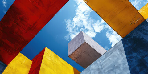 Architecture abstract geometric colored shapes on sky background