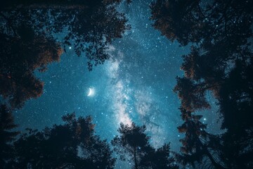 Obraz premium Night sky with bright trees and milky shine