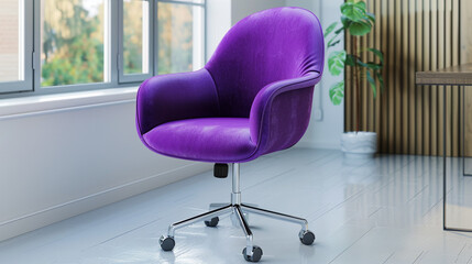 Stylish executive revolving chair in vibrant amethyst, with contoured seat and polished metal base, front diagonal view, in a creative office setting.