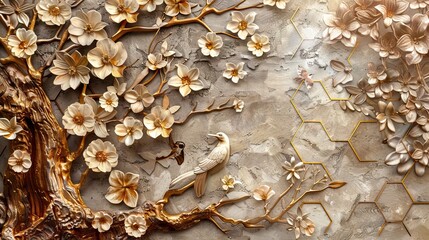 Abstract artistic background, flowers, branches, gold, and canvas painting. Brush. Oil painting, modern art, ink, alcohol can be used for wall decoration, wallpaper, murals. AI generated illustration