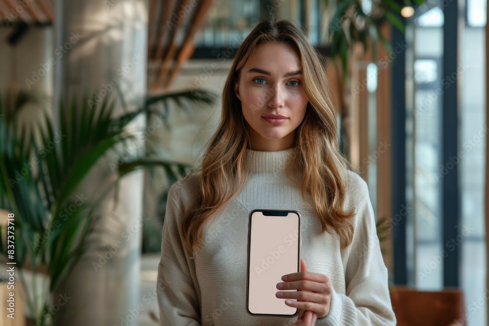 Poster Woman holding a phone in her hand and looking at the camera