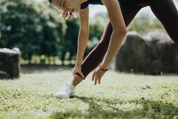 Active young female stretching her legs in a lush green park on a sunny day, demonstrating a healthy lifestyle and physical fitness. - Powered by Adobe
