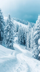 Fototapeta premium Snow-Covered Pine Trees on a Winter Hilltop Under Blue Sky, Tranquil Frozen Landscape, Perfect for Winter Sports and Serene Nature Themes