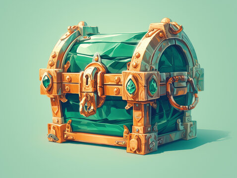 Game Asset: Ornate green treasure chest with gold details on a light background