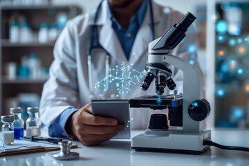 Fototapeta premium Scientist in lab coat examining specimen through microscope and analyzing data on tablet