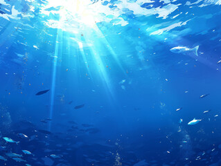 Fototapeta premium Sunrays penetrating the deep blue ocean with fish