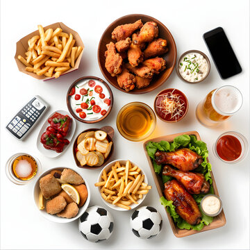 top view of wooden table with football snacks including beer, fries, chicken wings, and remote, styled with miniature soccer balls isolated on white background, studio photography, png