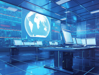 High-tech command center with multiple computer monitors and digital world map