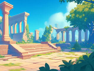 Game Asset: Ancient ruins with pillars and overgrown vegetation